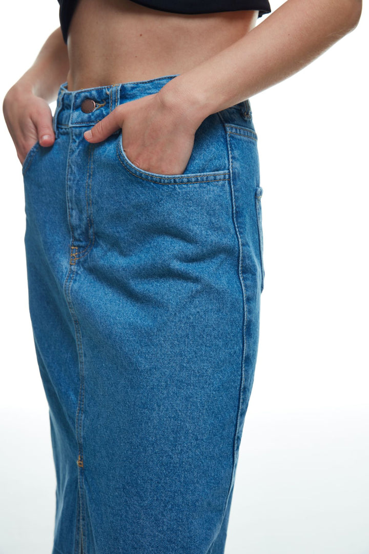 Önden Yırtmaçlı Midi Boy Kot Etek Mavi