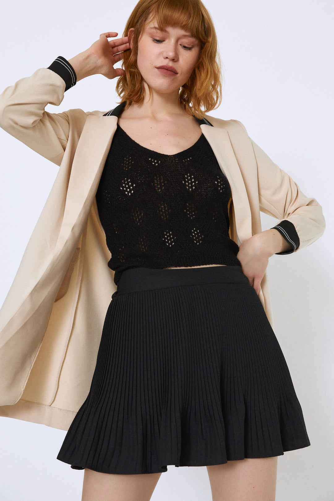 Ribanalı Fleto Cepli Uzun Ceket Bej