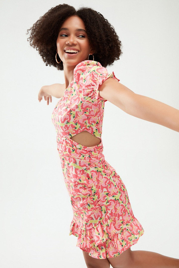 Floral One Shoulder Decollete Dress Pink