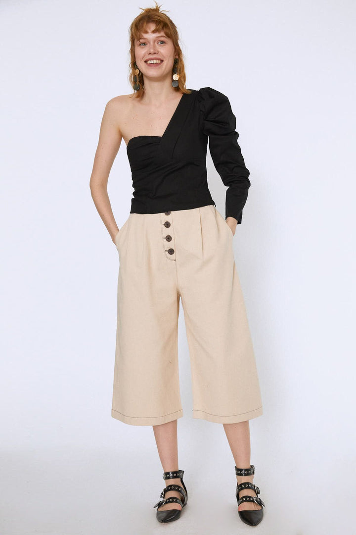 Tek Omuz Crop Bluz Siyah