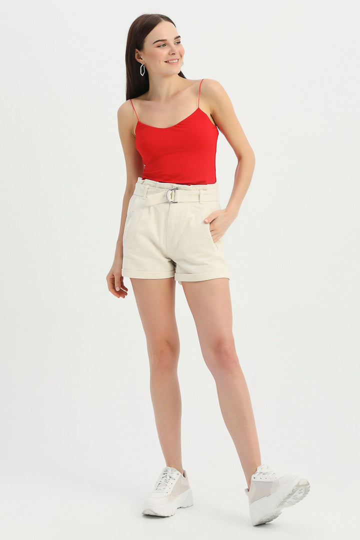 Belted Denim Shorts Bone