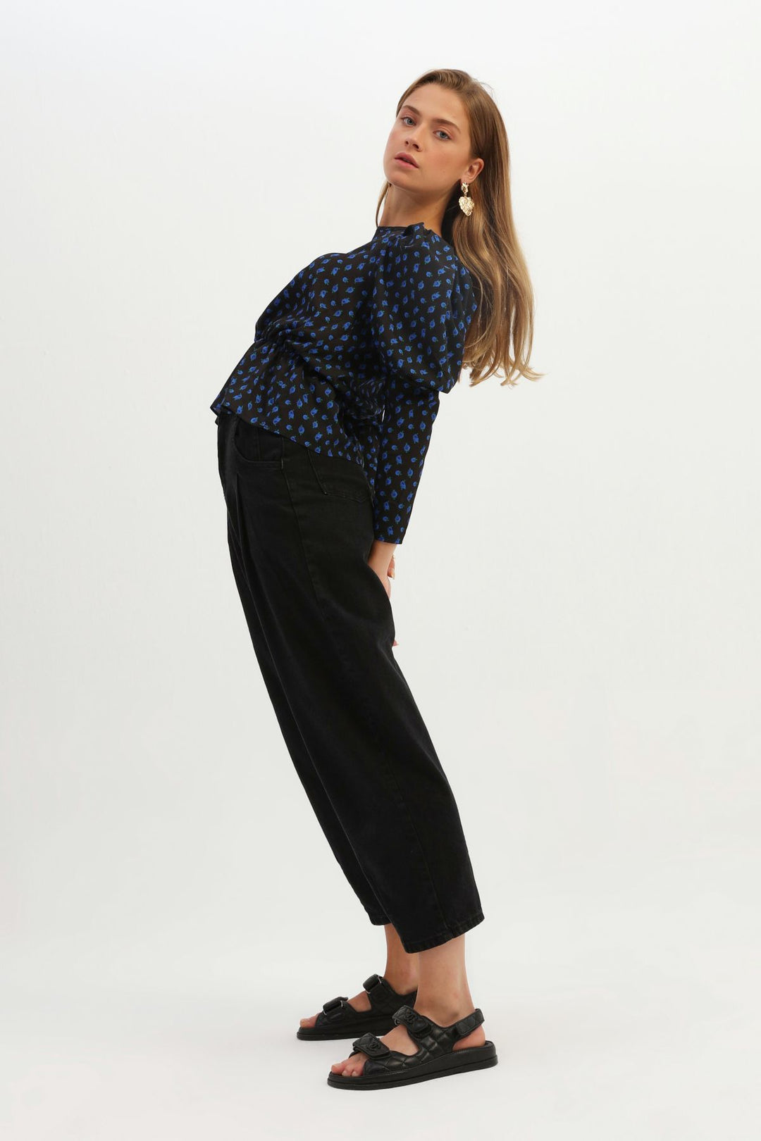 Patterned Pleated Waist Blouse Sax