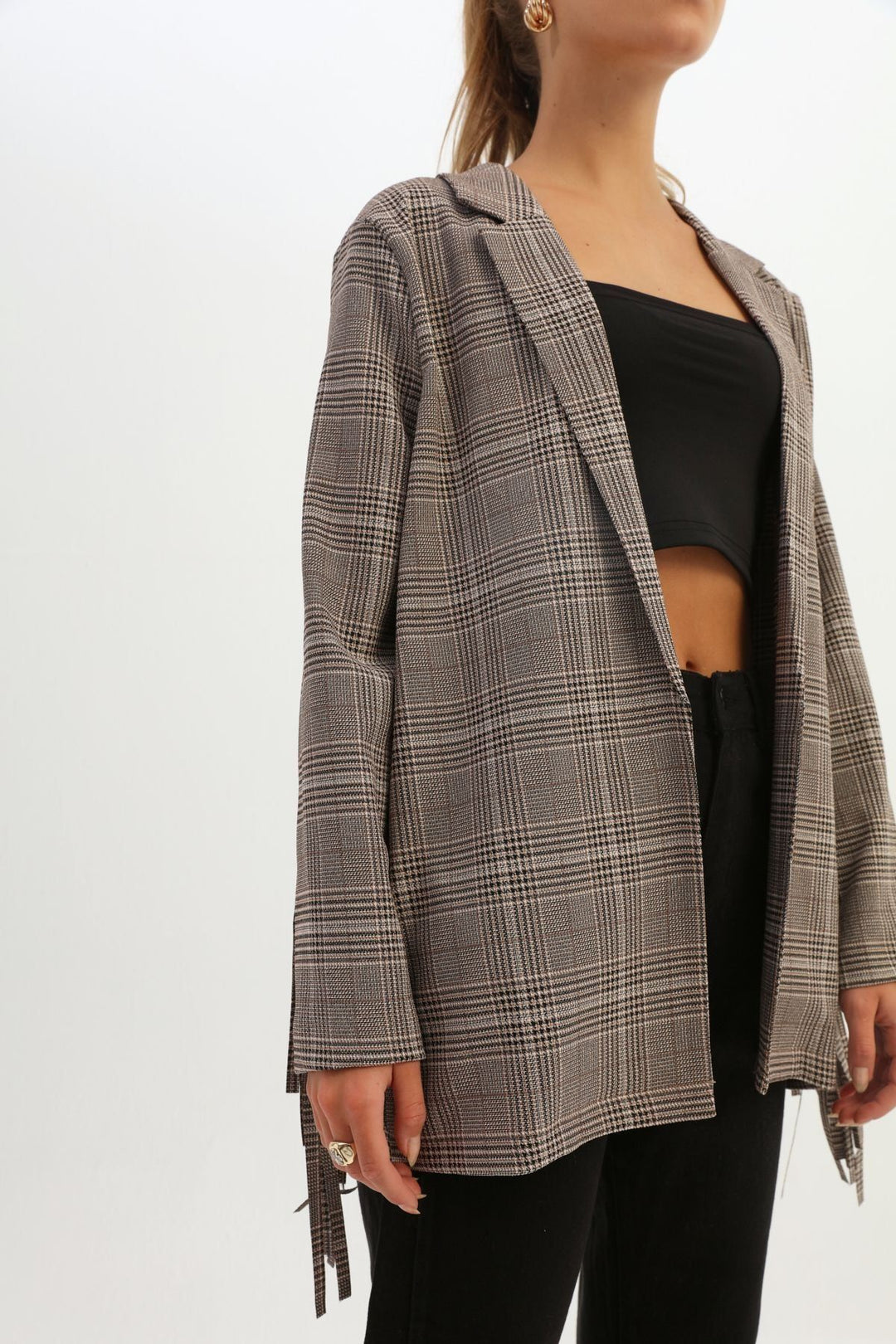 Back Tasseled Striped Blazer Jacket Gray