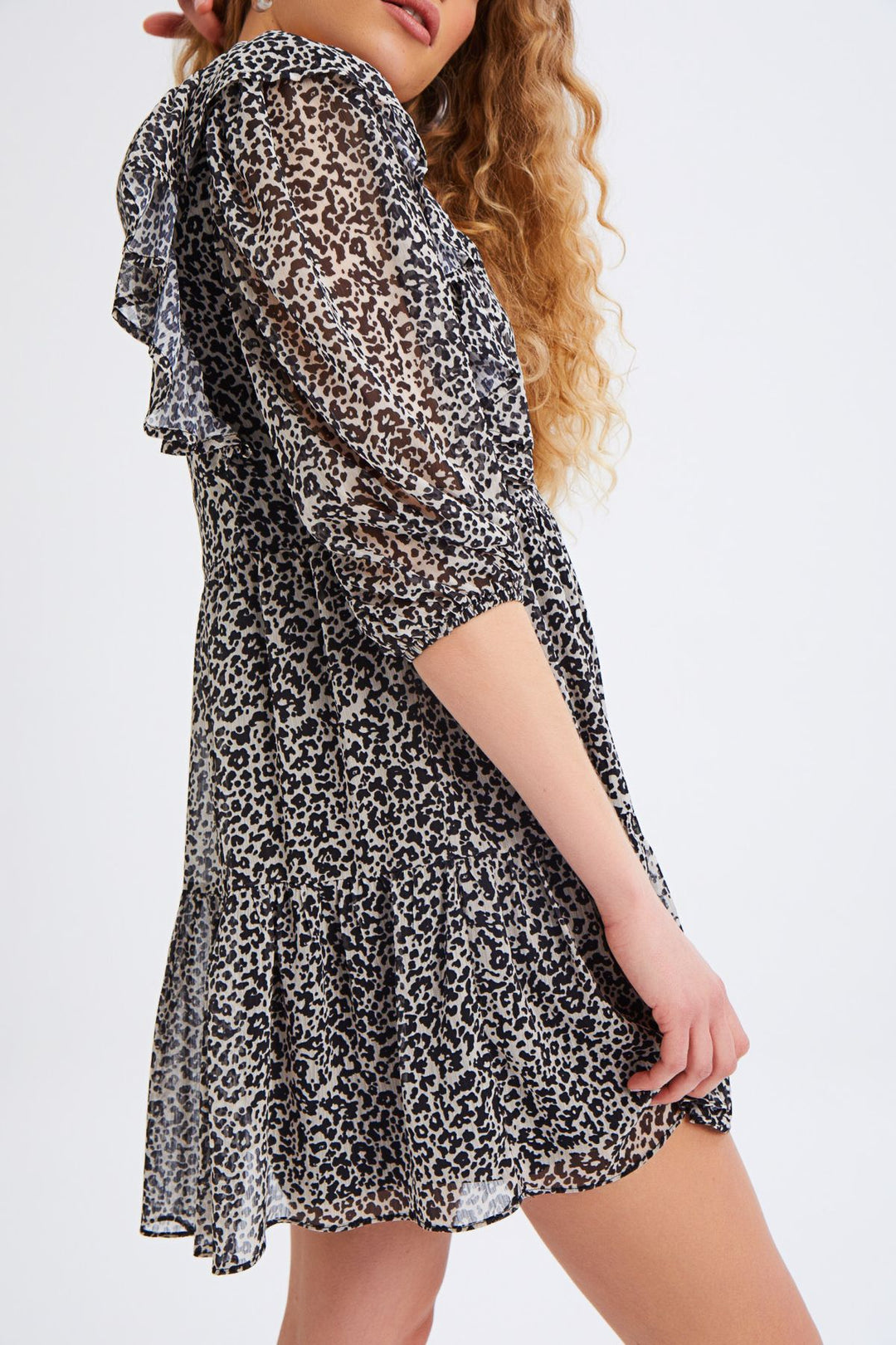 Patterned Ruffle V-Neck Dress Black