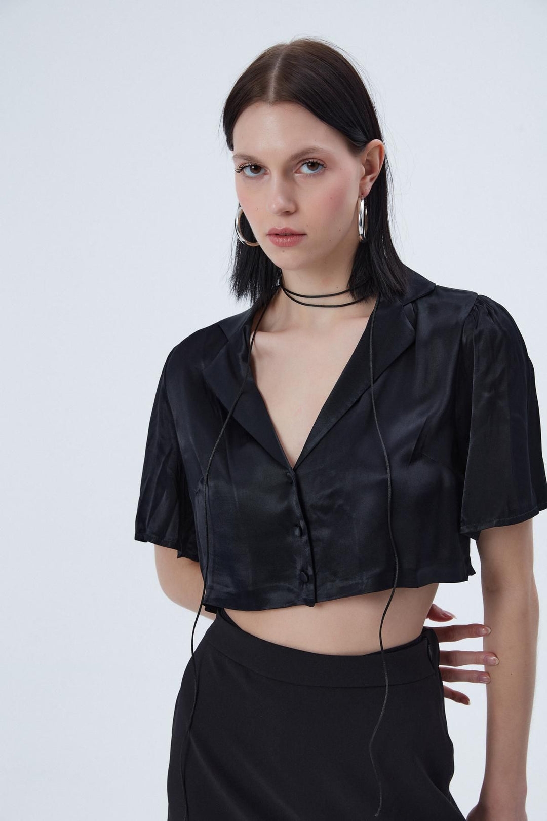 Button Detailed Crop Satin Shirt Black