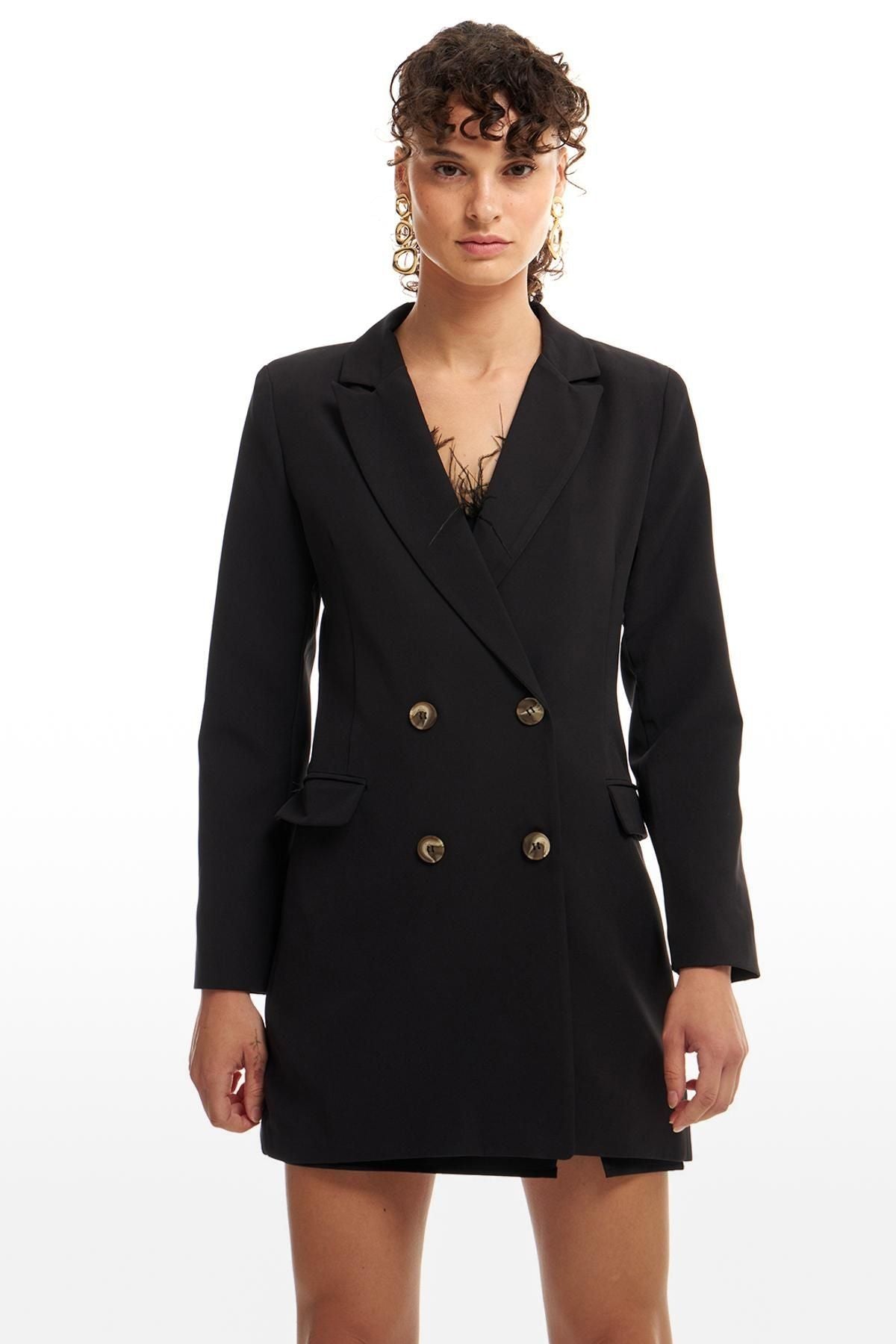 Double Breasted Collar Jacket Dress Black