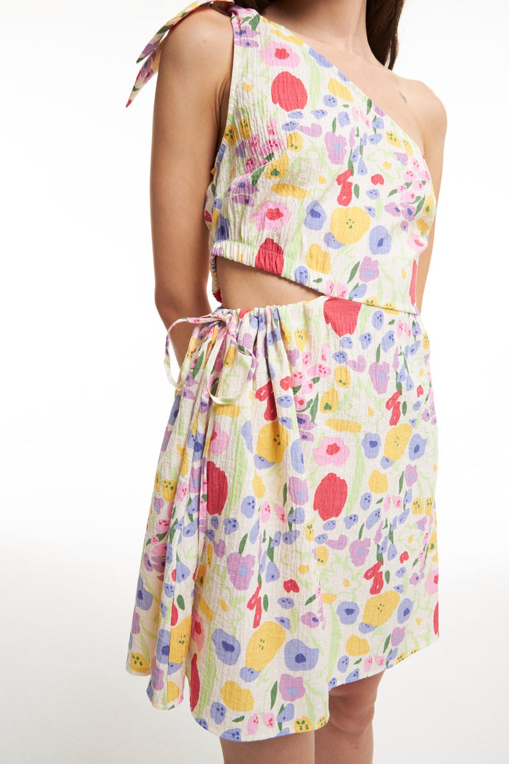 Side Pleated Single Sleeve Dress Ecru