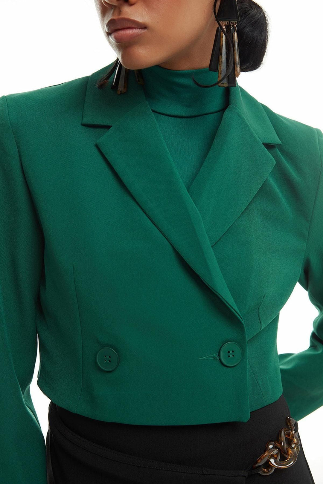 Double Breasted Crop Blazer Jacket Dark Green