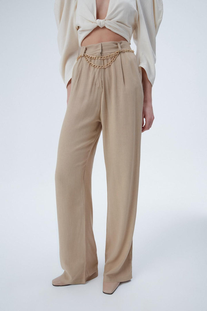 Zincir Kemerli Bol Paça Pantolon Bej