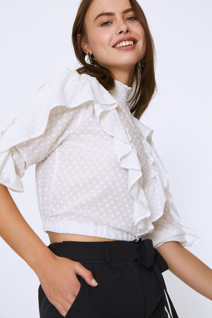 Fırfırlı Beli Lastikli Crop Bluz Ekru