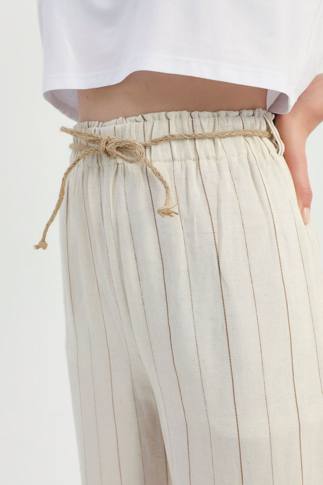 Striped Straw Rope Belt Linen Trousers Brown