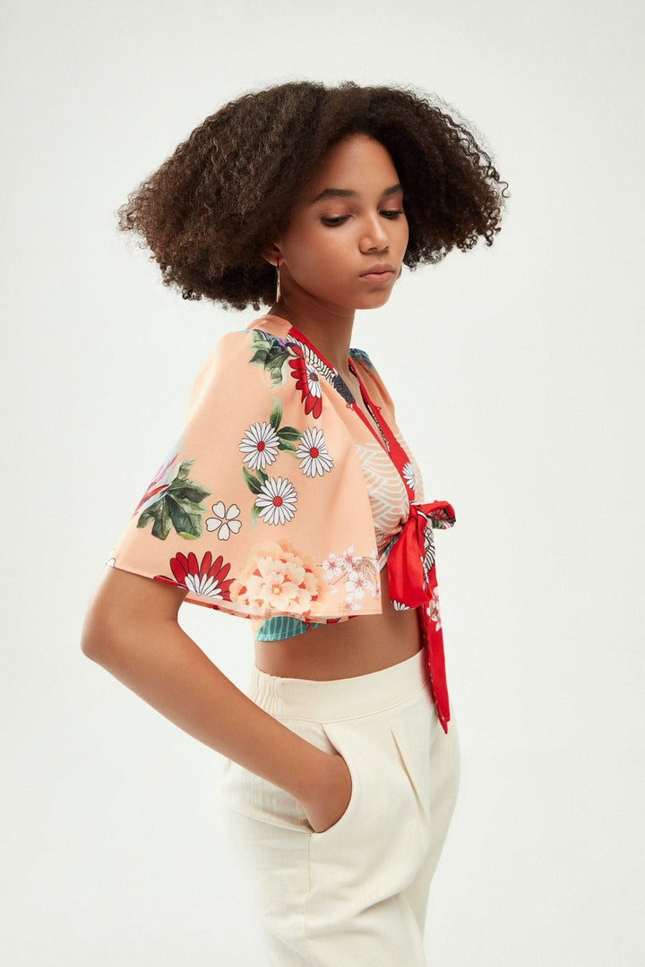 Patterned Tie Front Blouse Orange