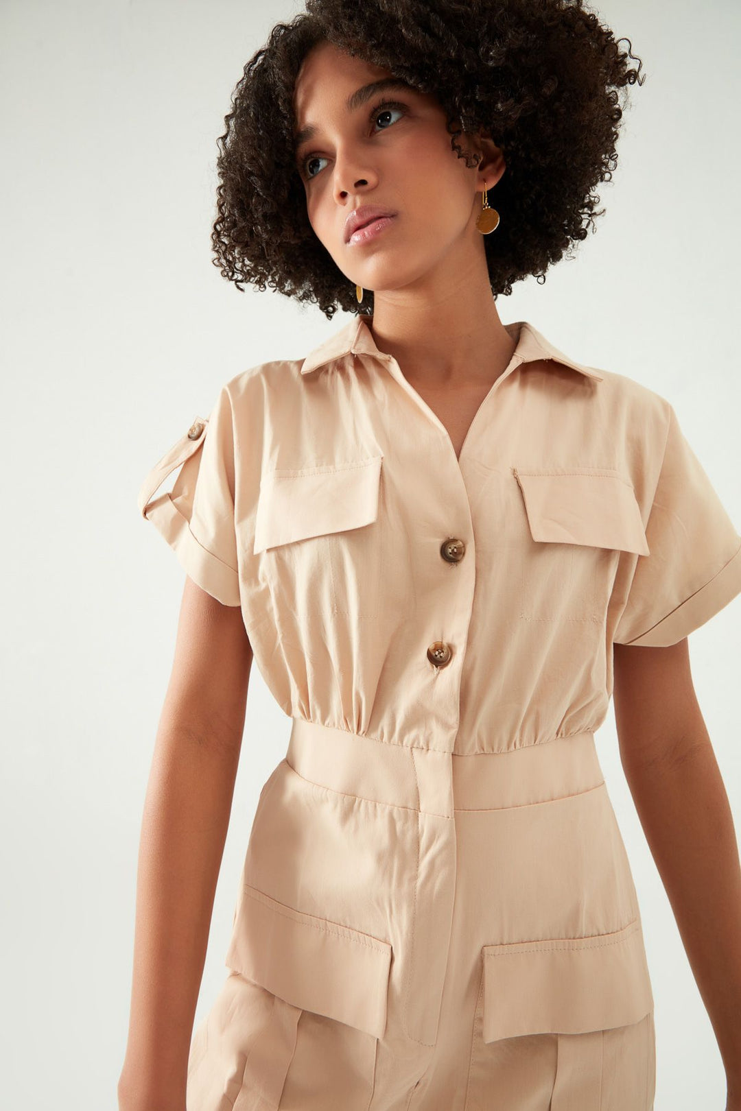 Pocket Detailed Shorts Jumpsuit Beige