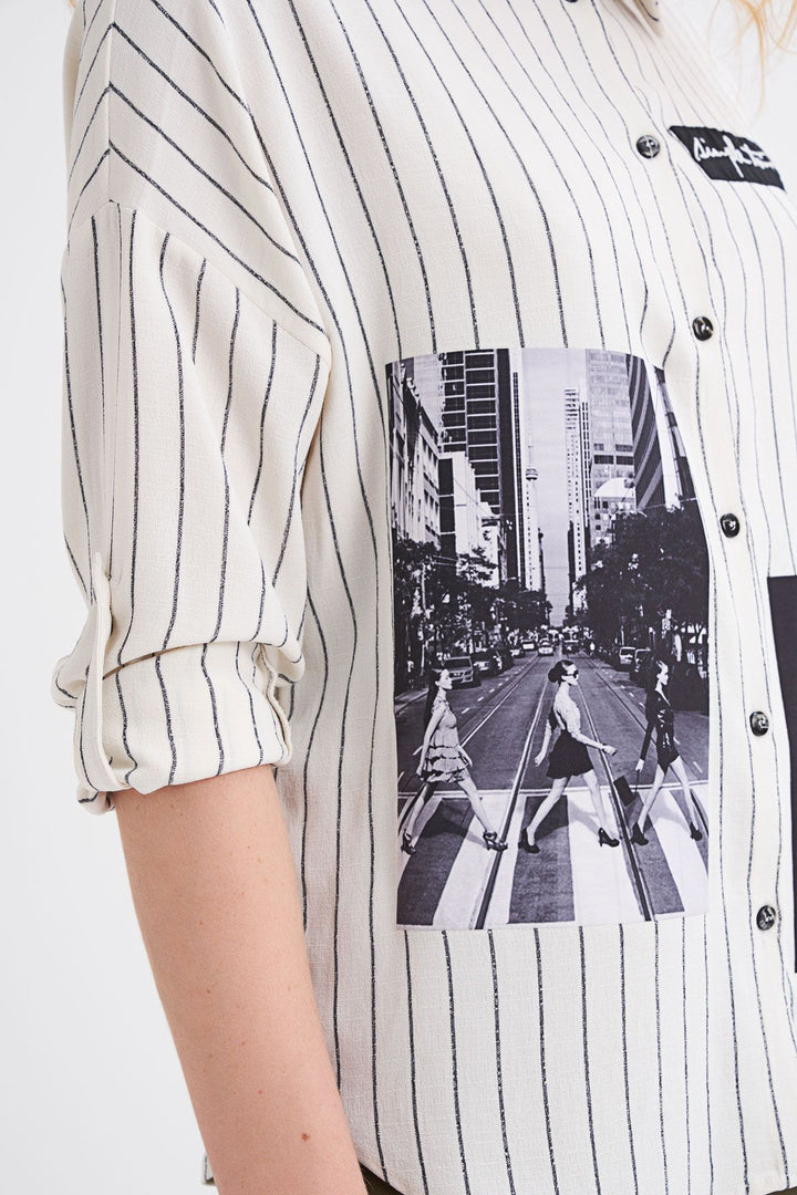 Nakış Detaylı Baskılı Çizgili Gömlek Ekru
