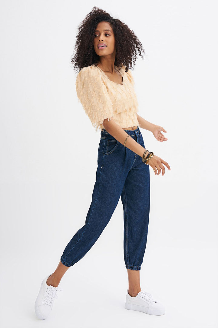 Tasseled Balloon Sleeve Blouse Beige