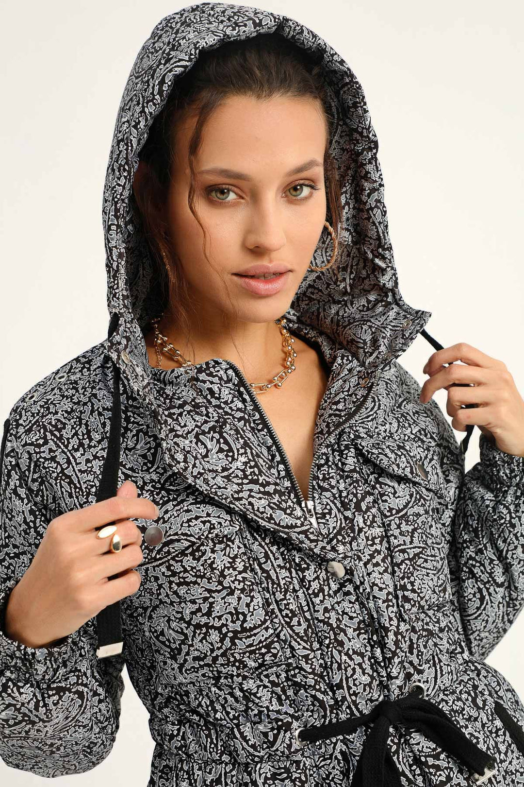 Patterned Hooded Coat Black