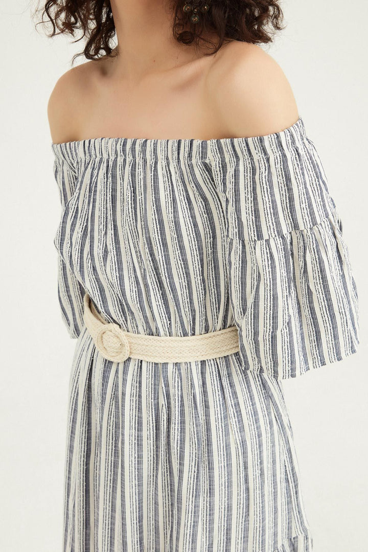 Off Shoulder Asymmetrical Belted Dress Indigo