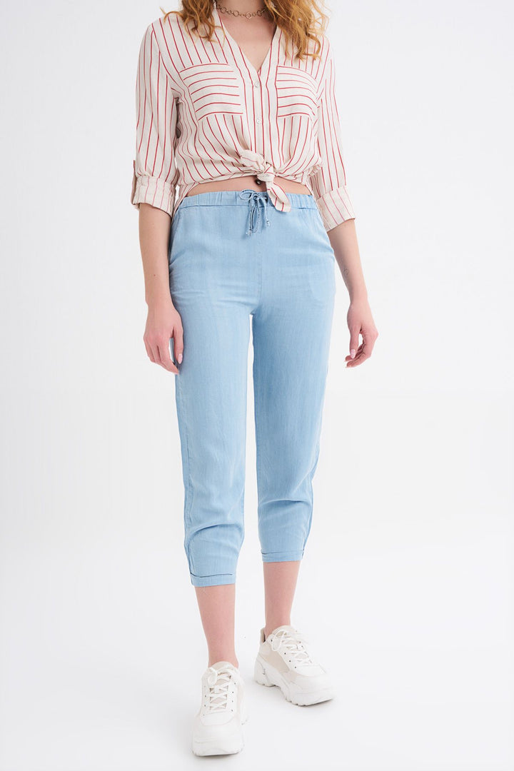 Bağcık Detaylı Bol Pantolon Açık Mavi