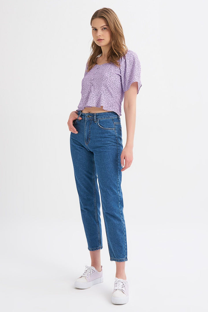 Button Detailed Polka Dot Volante Sleeve Blouse Lilac