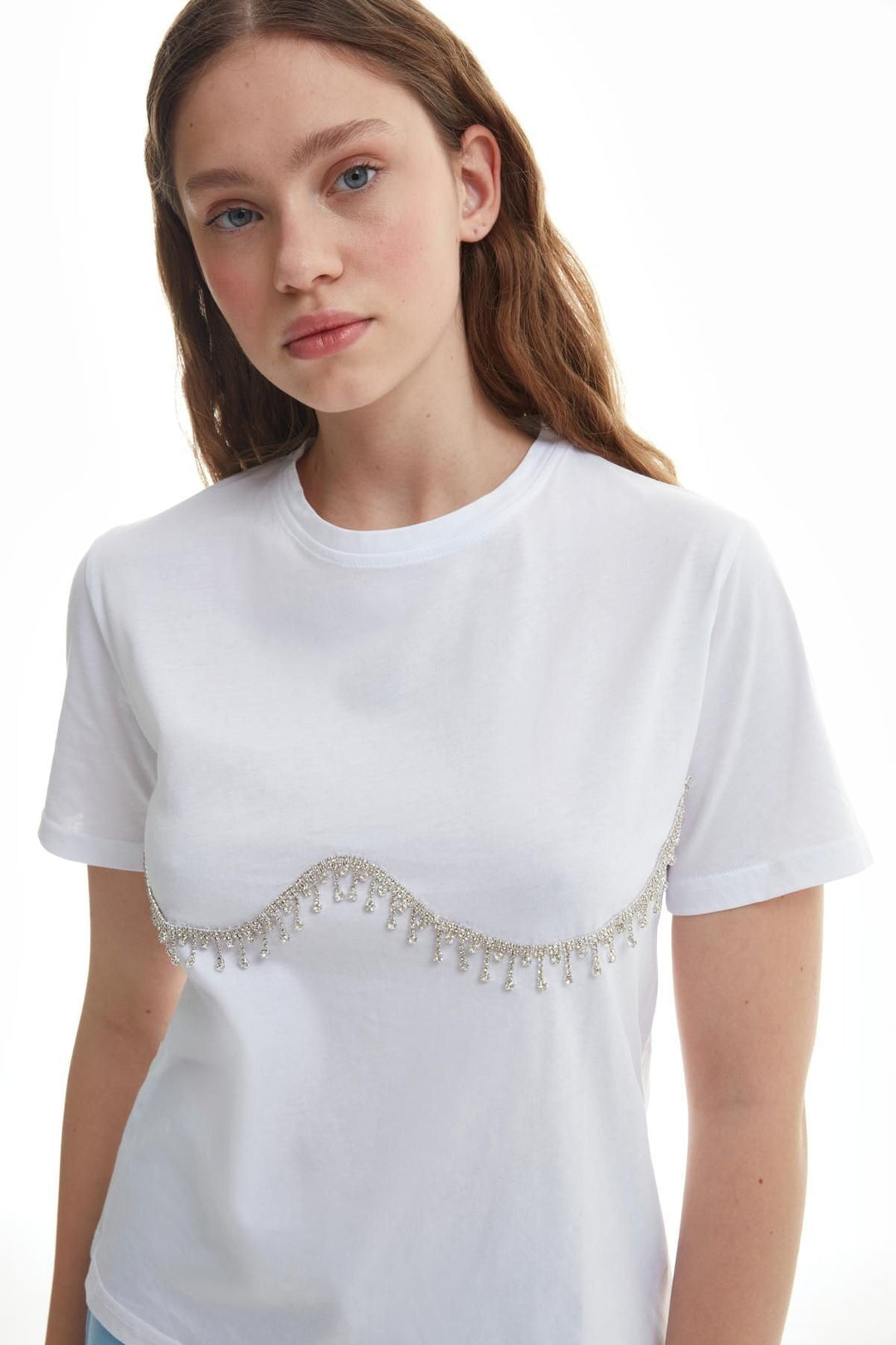 Taş İşlemeli Tişört Ekru