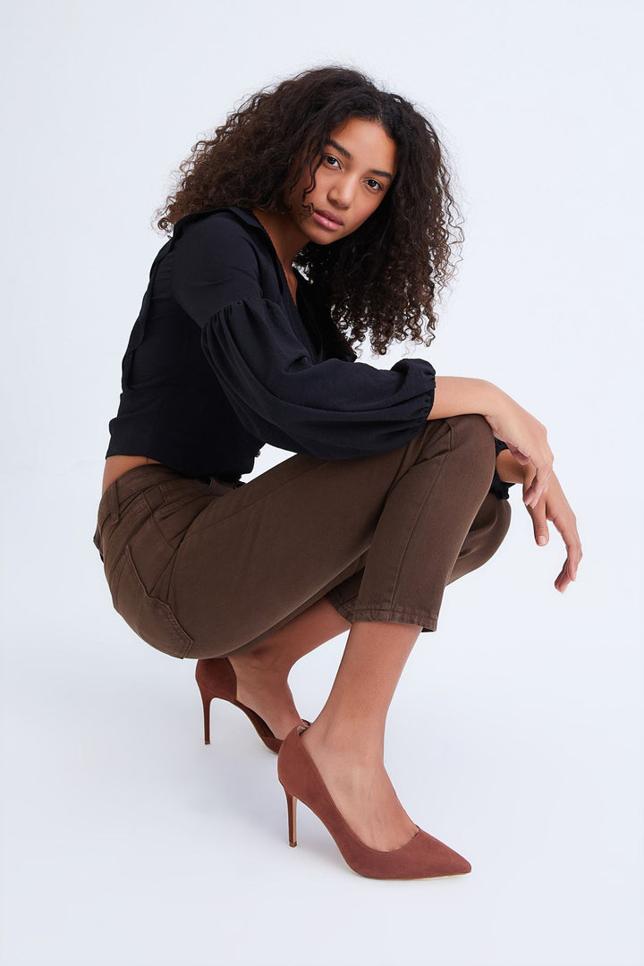 Button Front V-Neck Ruffle Blouse Black