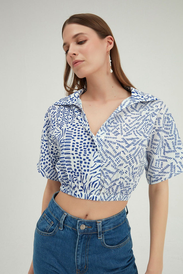 Patterned Crop Shirt Blue