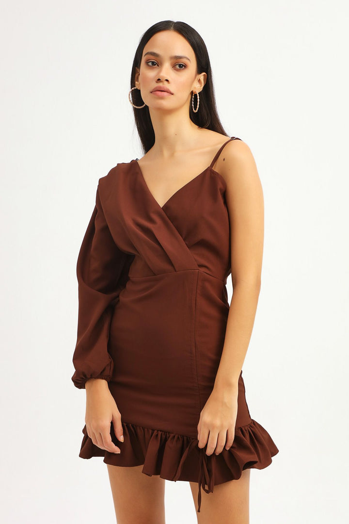 Pleated Asymmetrical Sleeve Dress Dark Brown