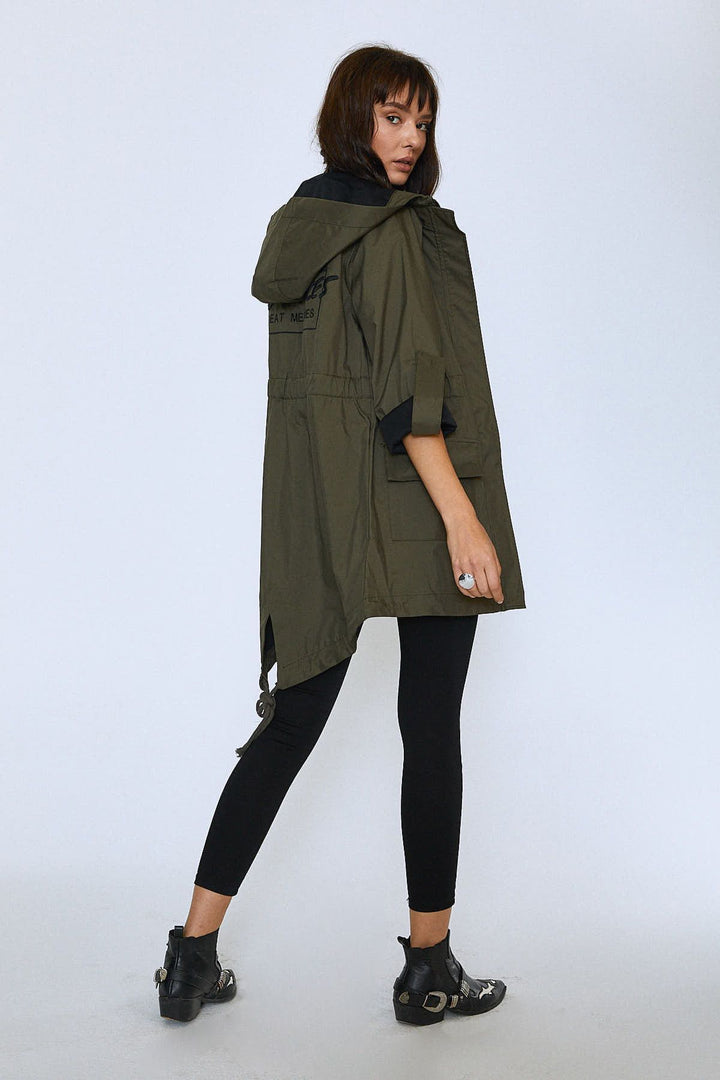 Embroidered Back Hooded Raincoat Khaki