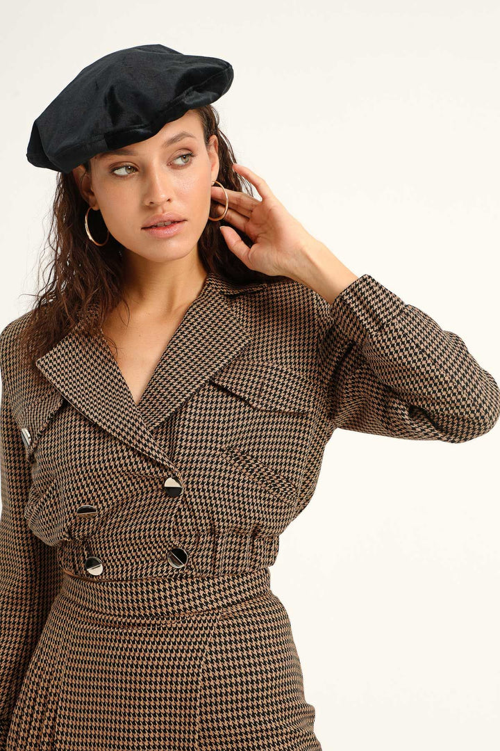 Çizgili Kruvaze Crop Ceket Kahverengi