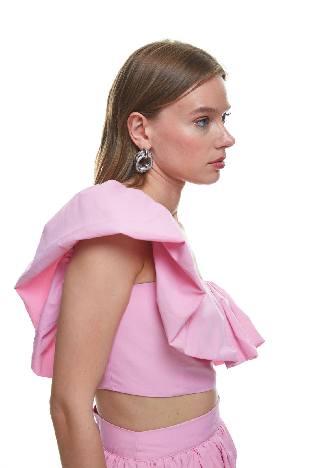 Ruffle Detailed One-Shoulder Crop Blouse Pink