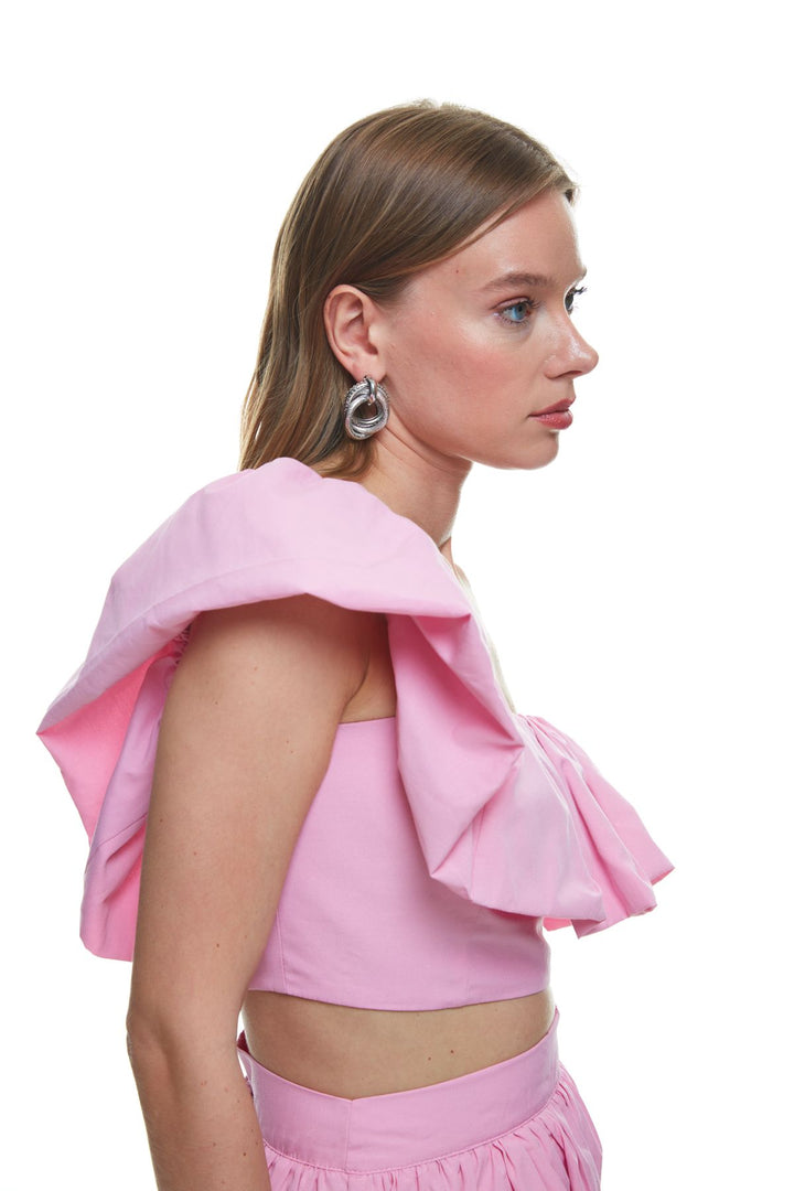 Ruffle Detailed One-Shoulder Crop Blouse Pink