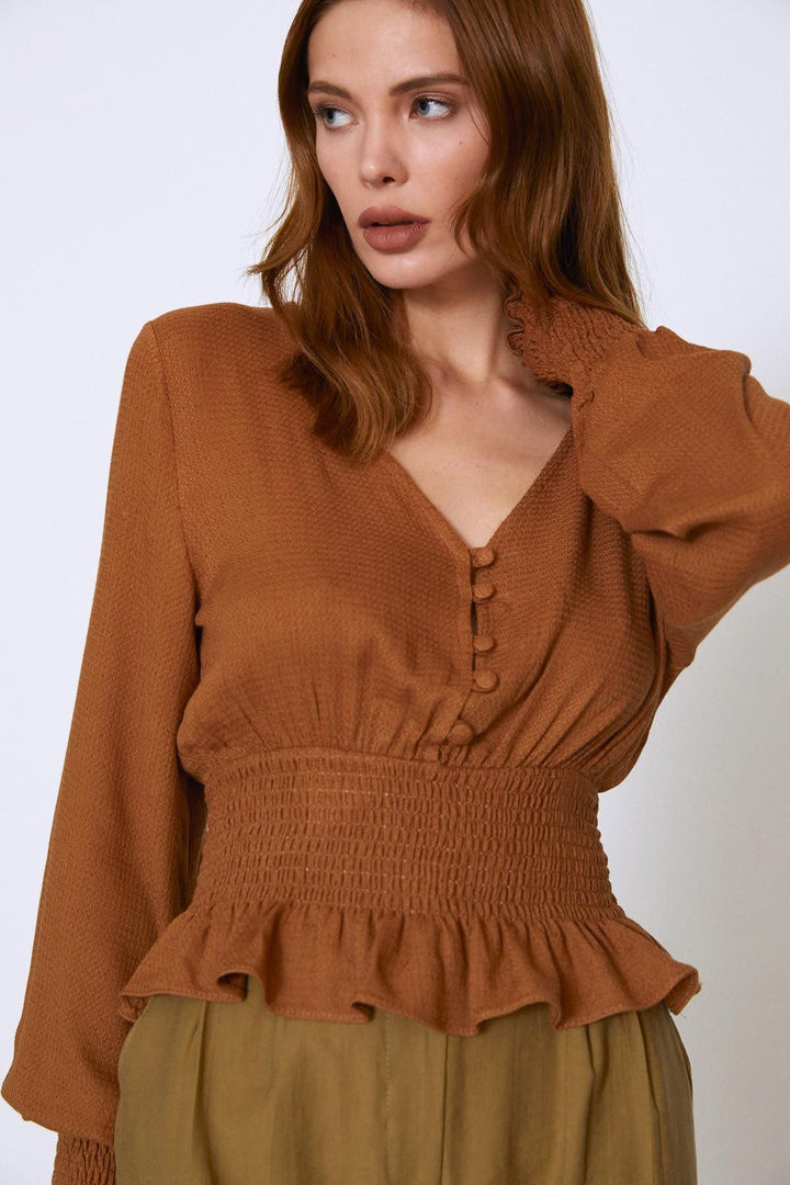 Waist Gipe Linen Blouse Brown