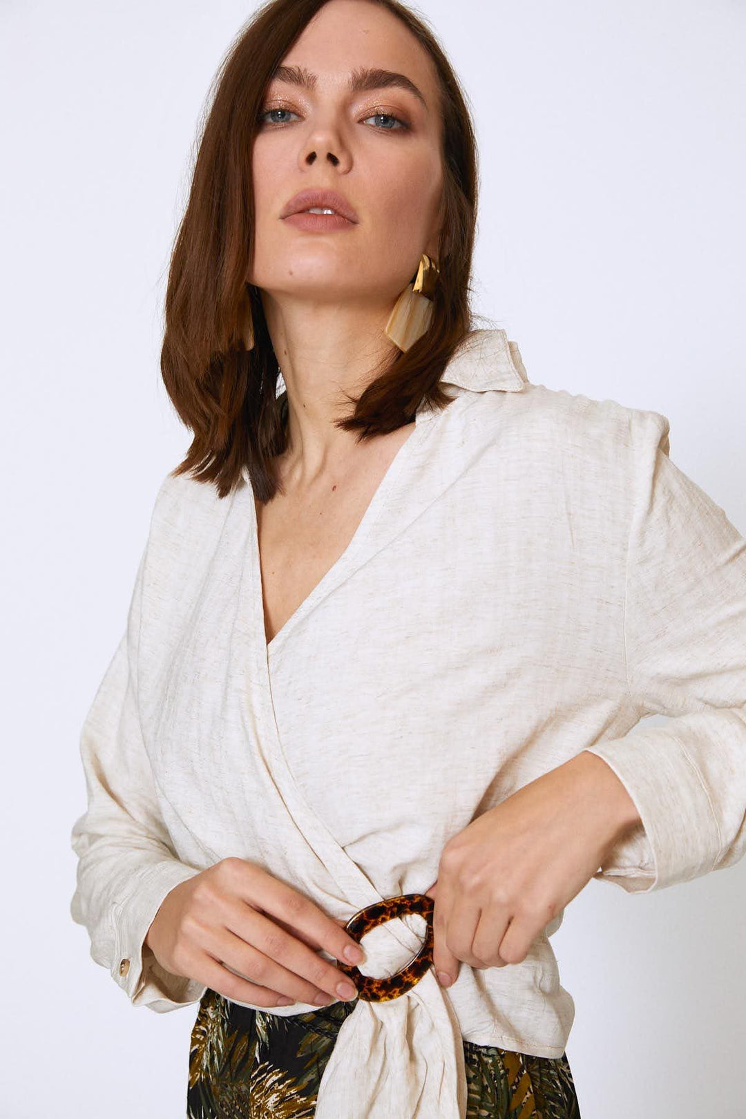 Buckled Waist Double Breasted Linen Blouse Natural