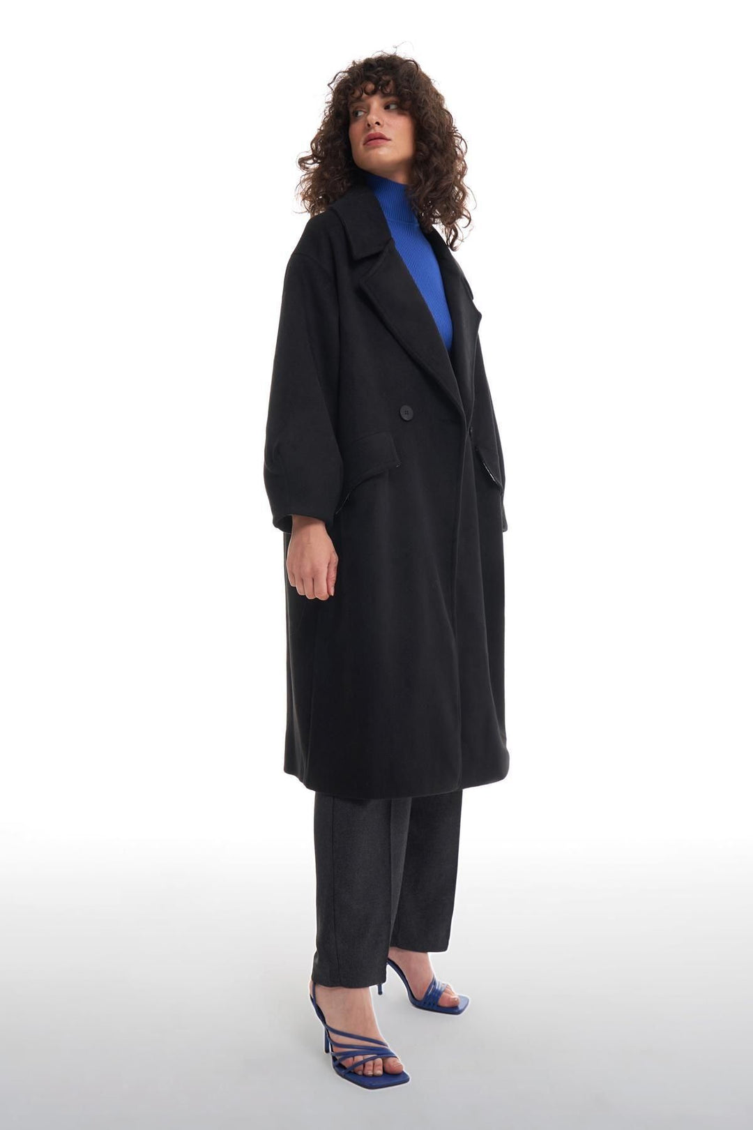 Double Breasted Collar Oversize Coat Black