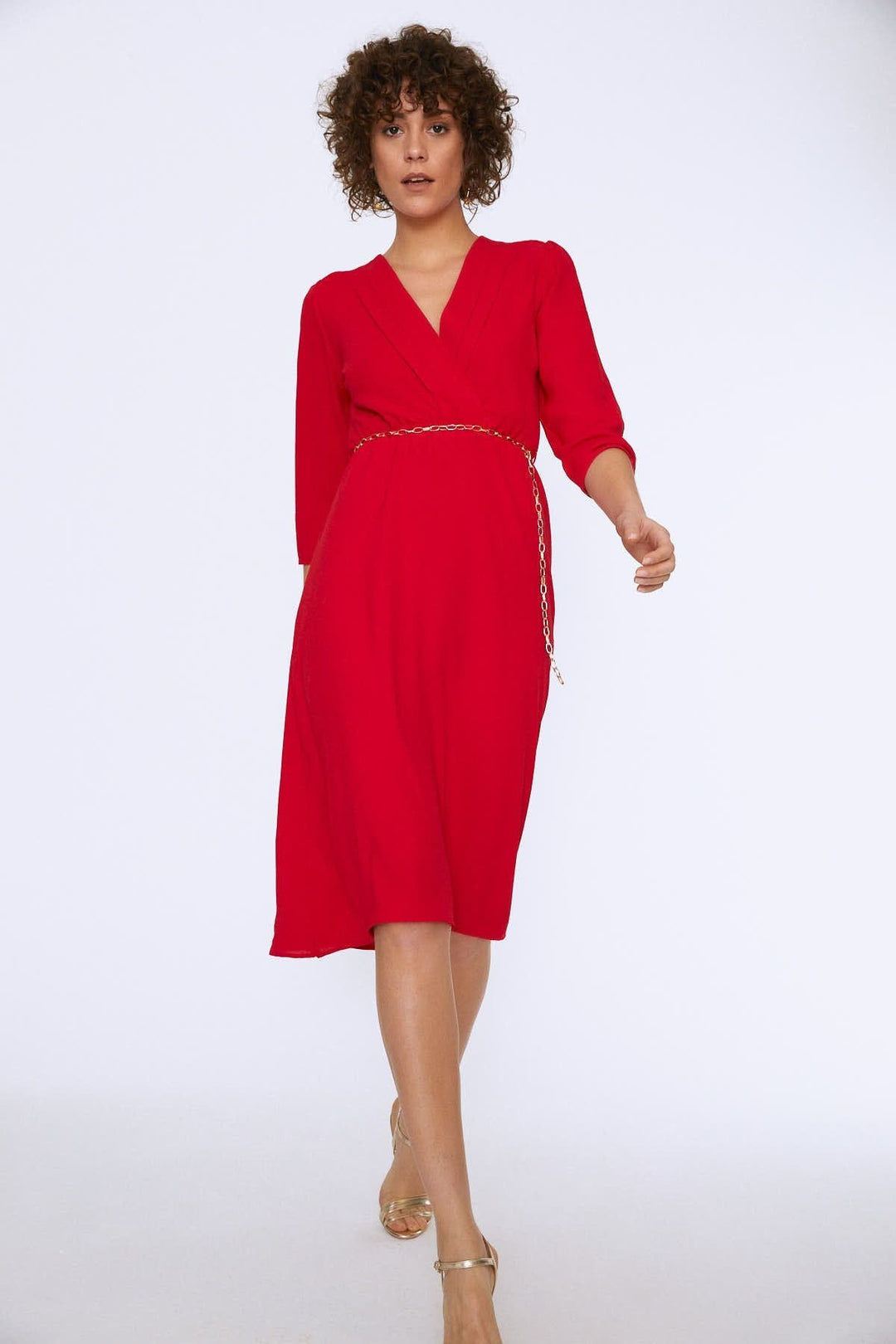 Chain Belt Double Breasted Dress Red