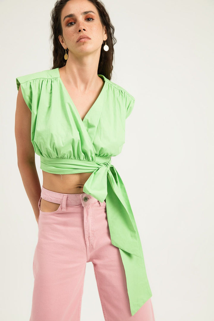 Padded Side Tie Blouse Green