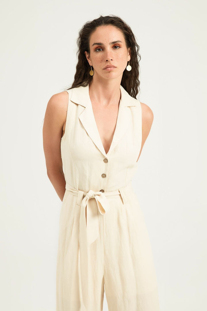 Kuşak Detaylı Gömlek Yaka Keten Tulum Bej