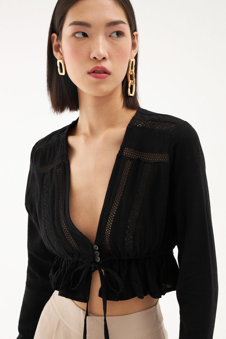 Pleated Waist V Neck Linen Blouse Black