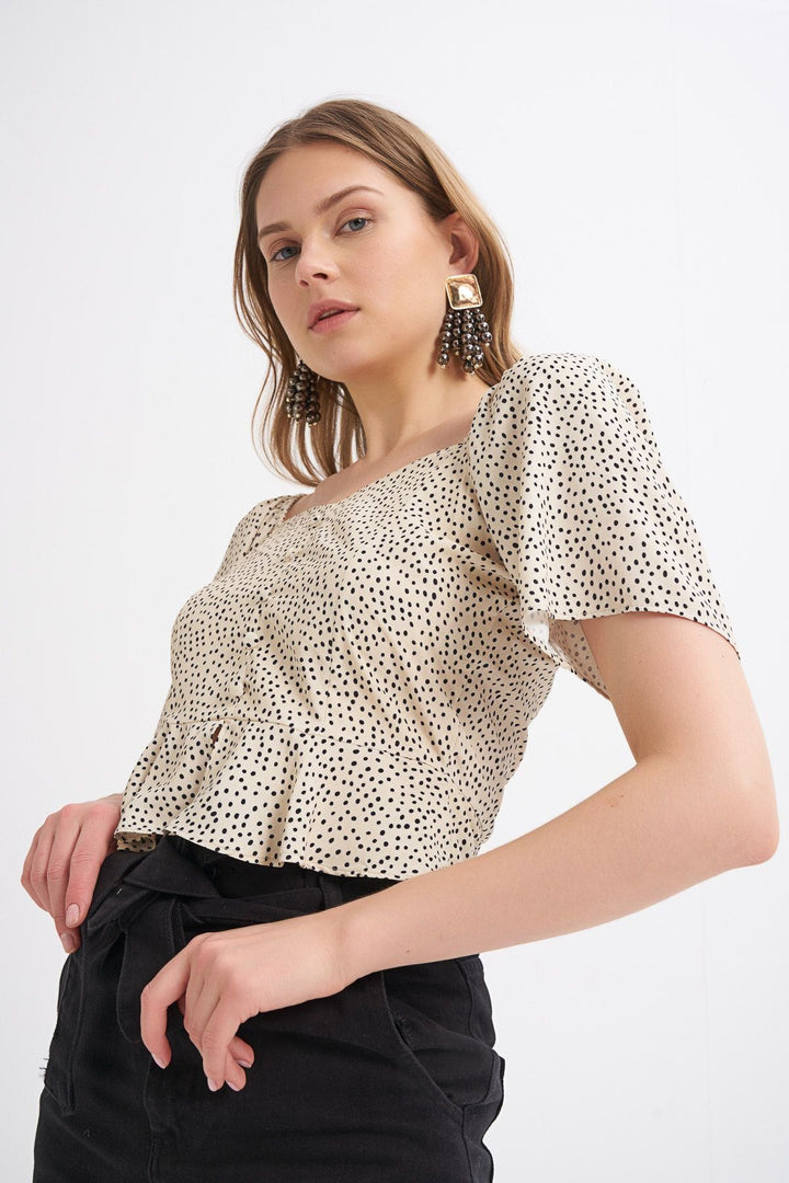 Button Detailed Polka Dot Volan Sleeve Blouse Beige