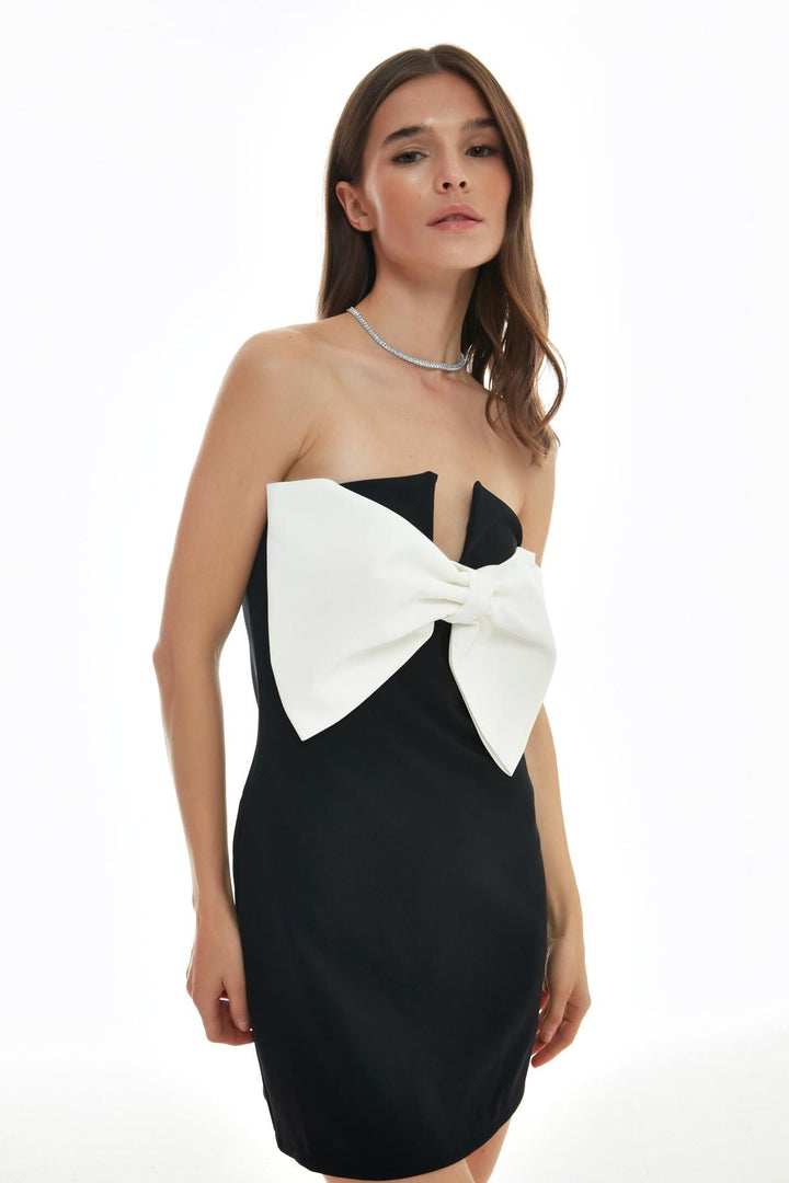 Bow Detailed Strapless Mini Dress Black