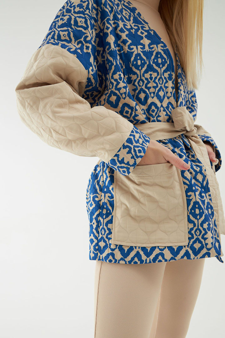 Tie Waist Quilted Jacket Blue