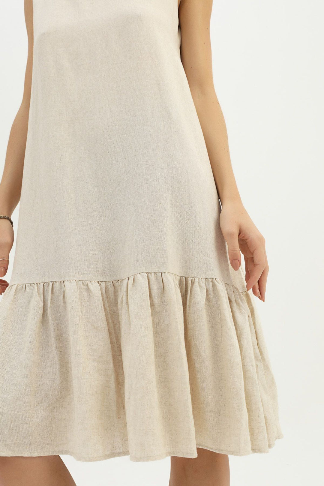 Frilly Hem Linen Dress Natural