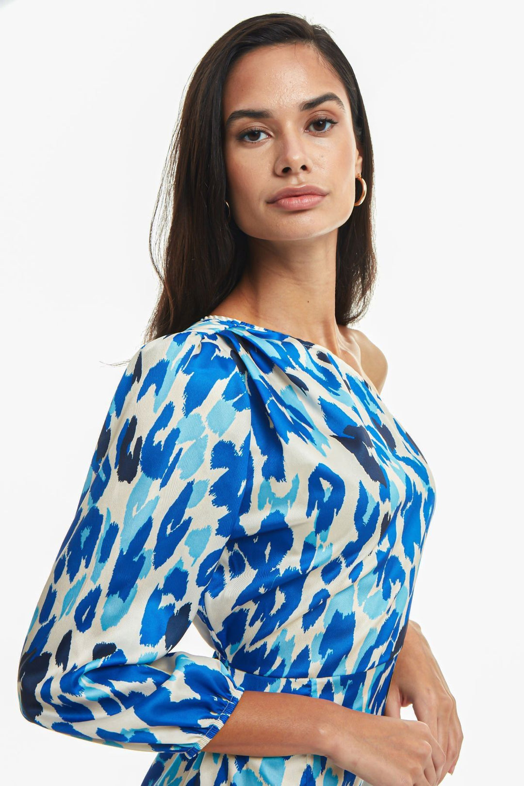 Patterned One Shoulder Dress Sax