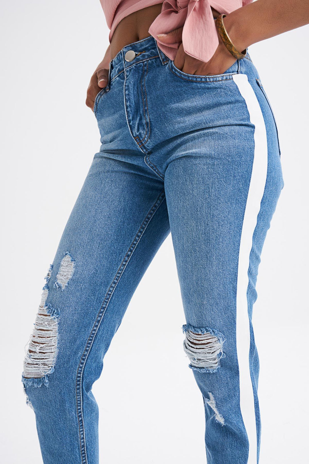 Yanları Beyaz Şeritli Kot Pantolon Mavi