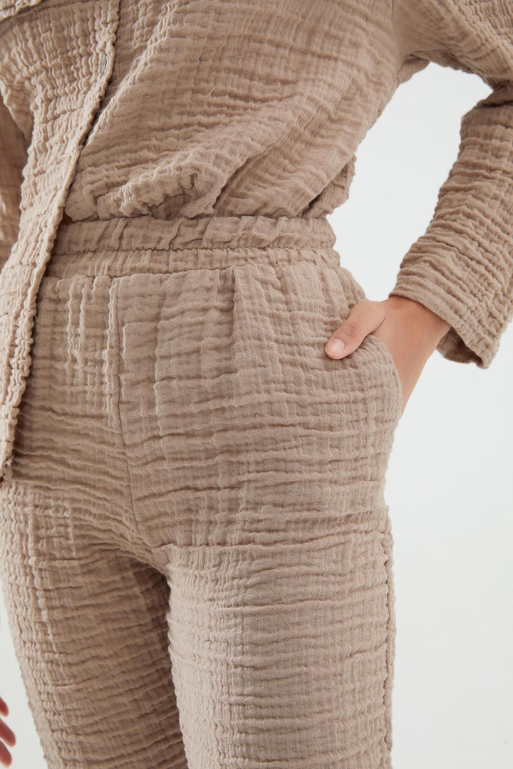 Elastic Waist Textured Trousers Camel