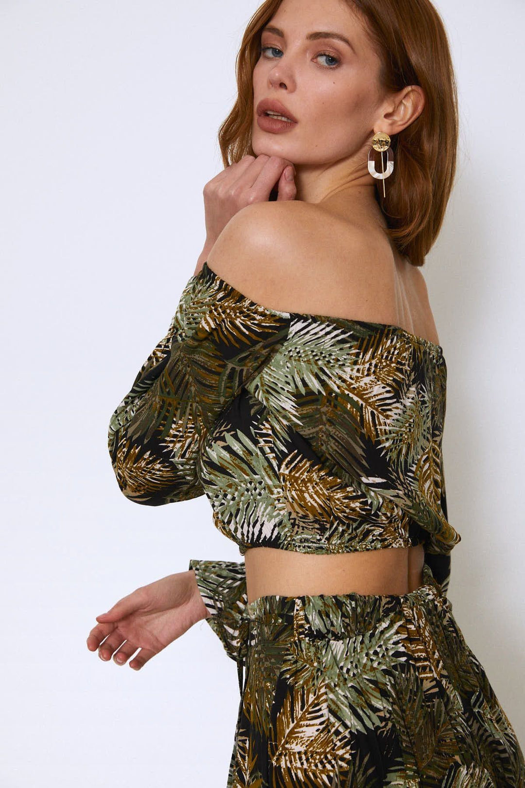Palm Patterned Crop Blouse Khaki