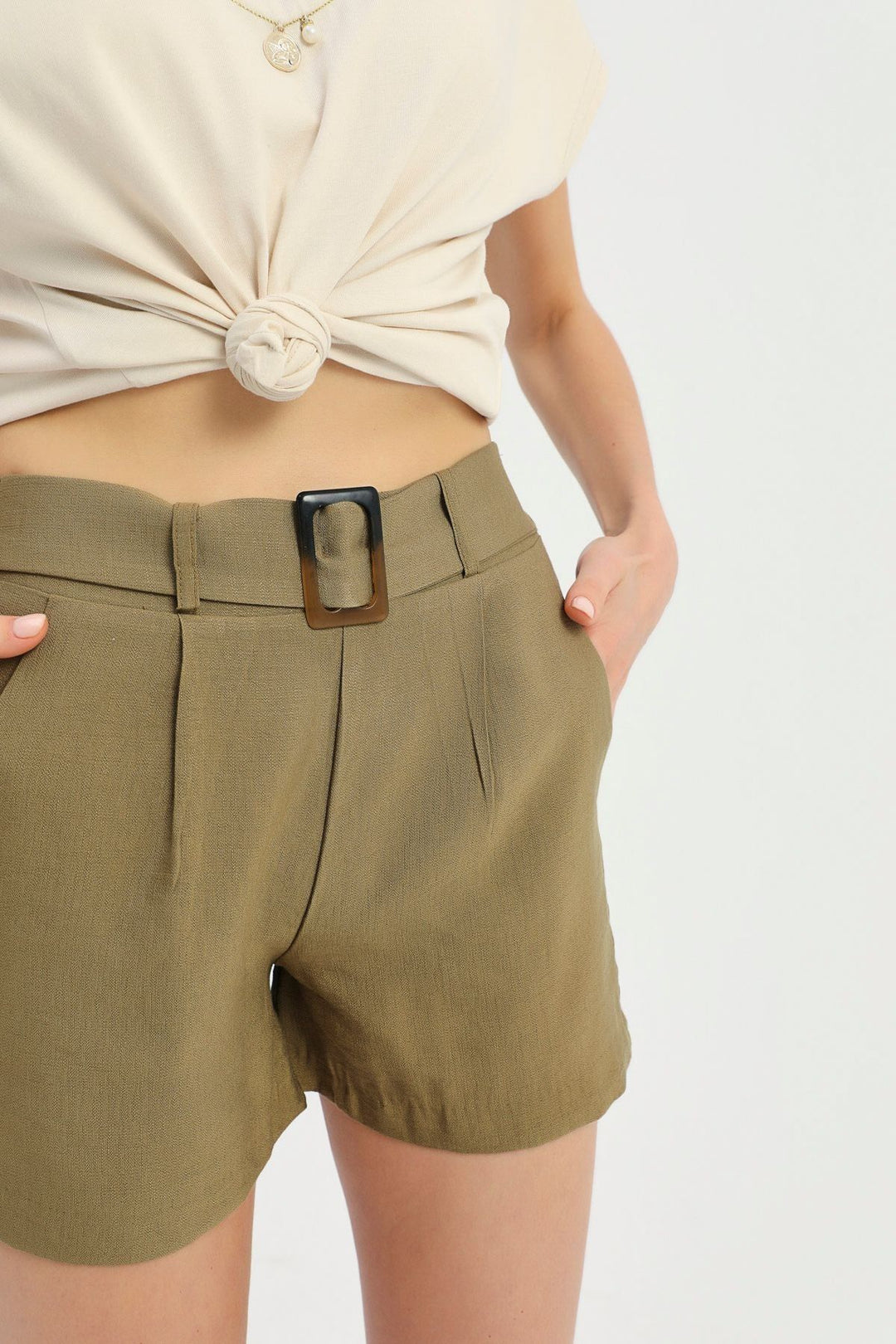 Kemerli Şort Haki