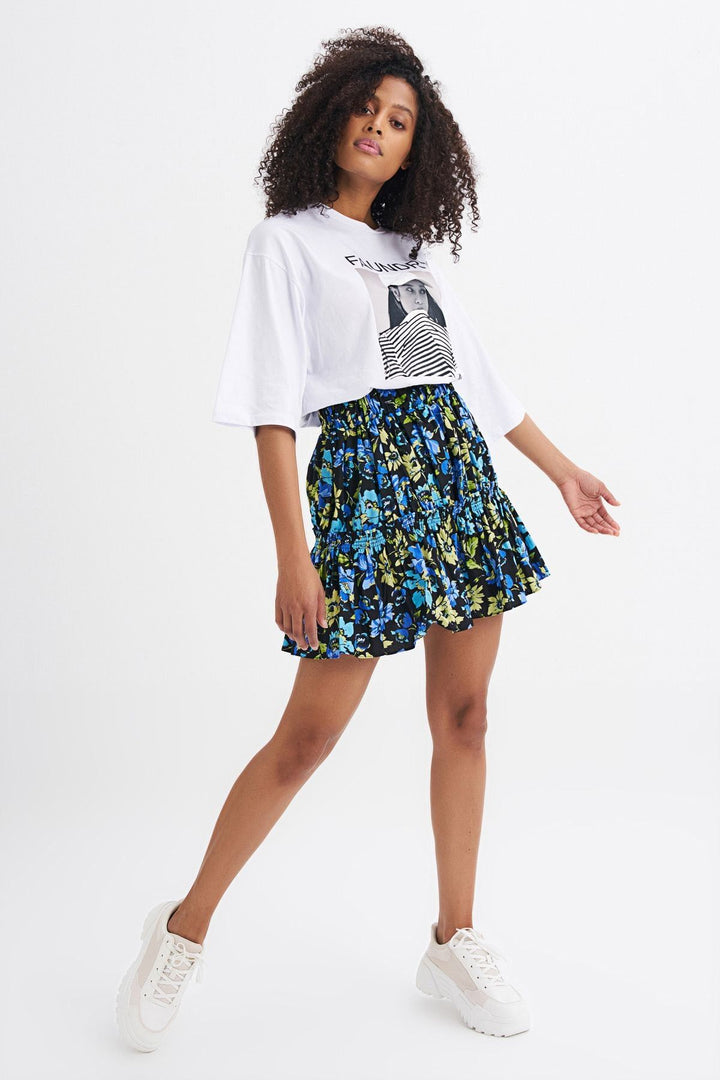 Floral Pattern Elastic Waist Skirt Blue