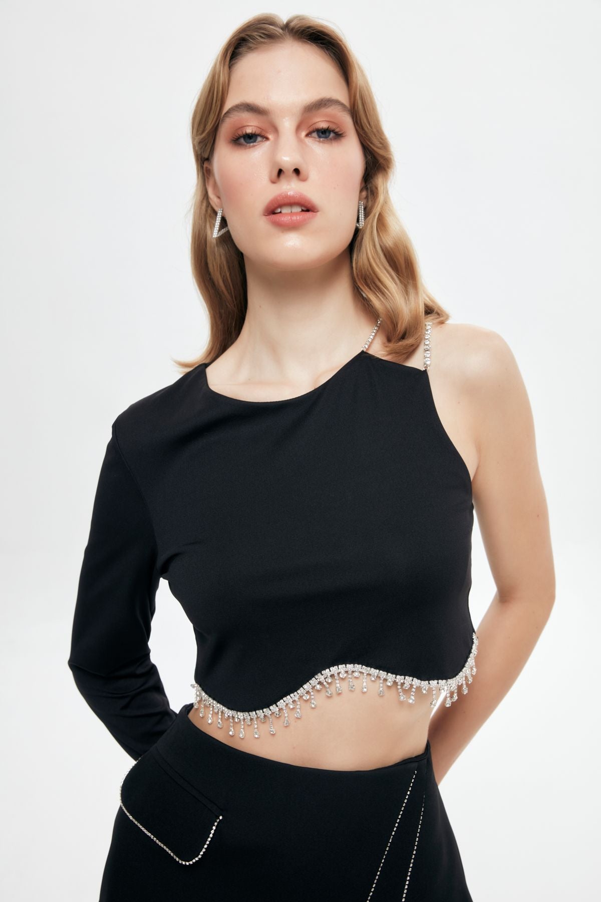 One Shoulder Blouse with Stone Accessories Black