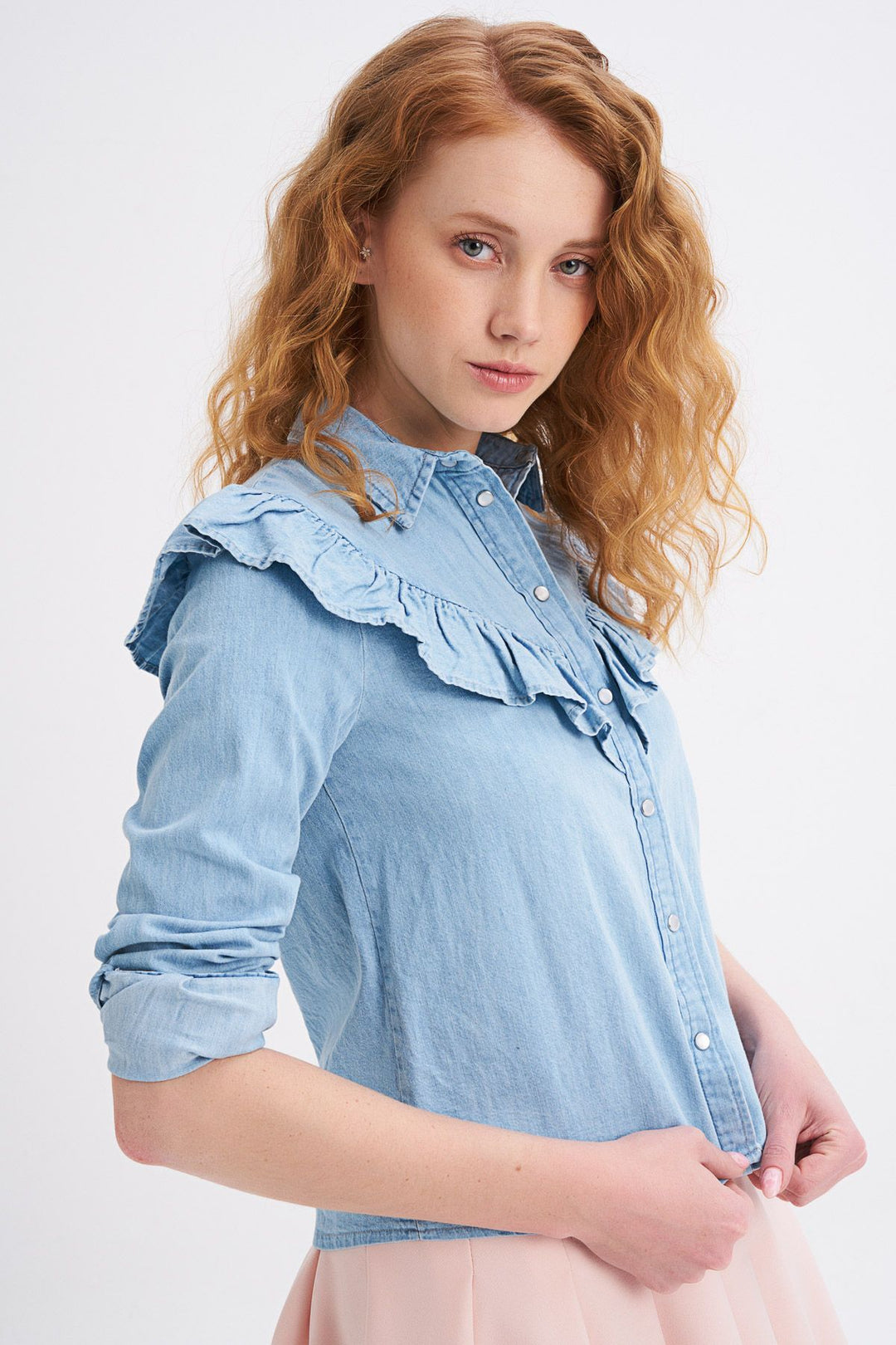 Fırfır Detaylı Kot Gömlek Mavi